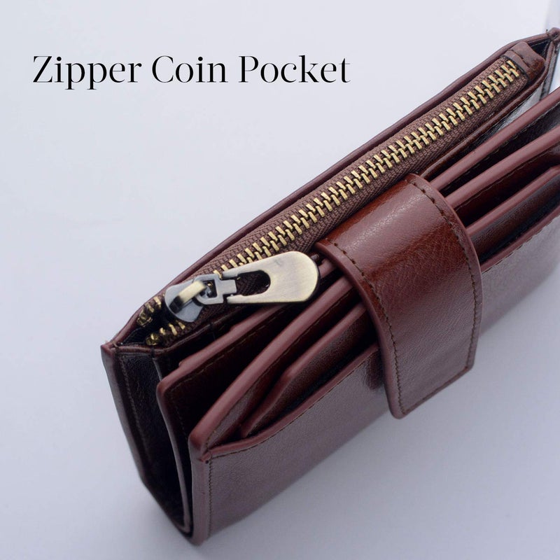Bveyzi Women's Small Leather RFID Blocking Bifold Zipper Pocket Wallet Ladies Credit Card Slots Purse with id Window(Coffee) - Image 4
